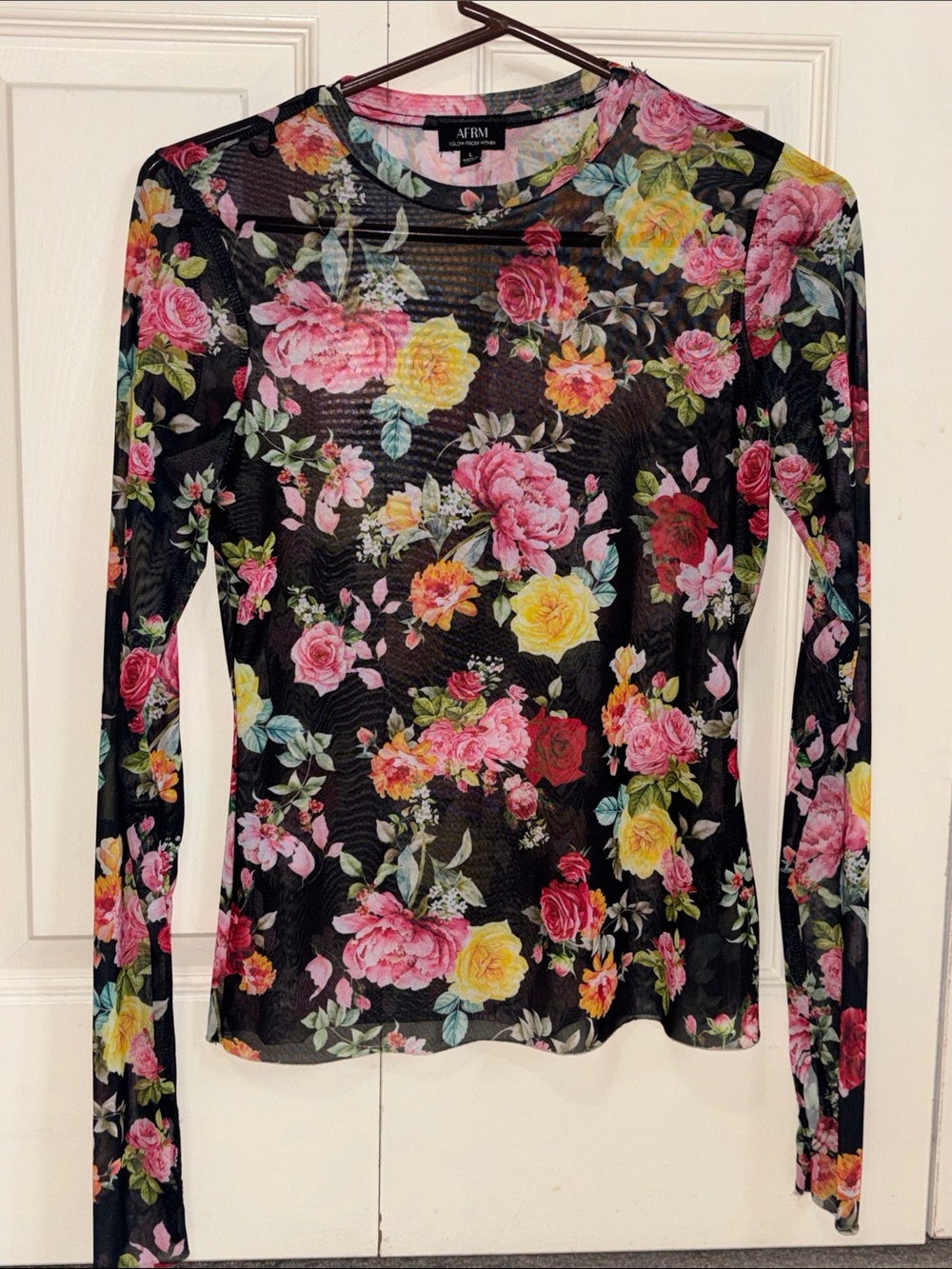 AFRM Black Floral Mesh Long Sleeve Top with Pink and Yellow Roses